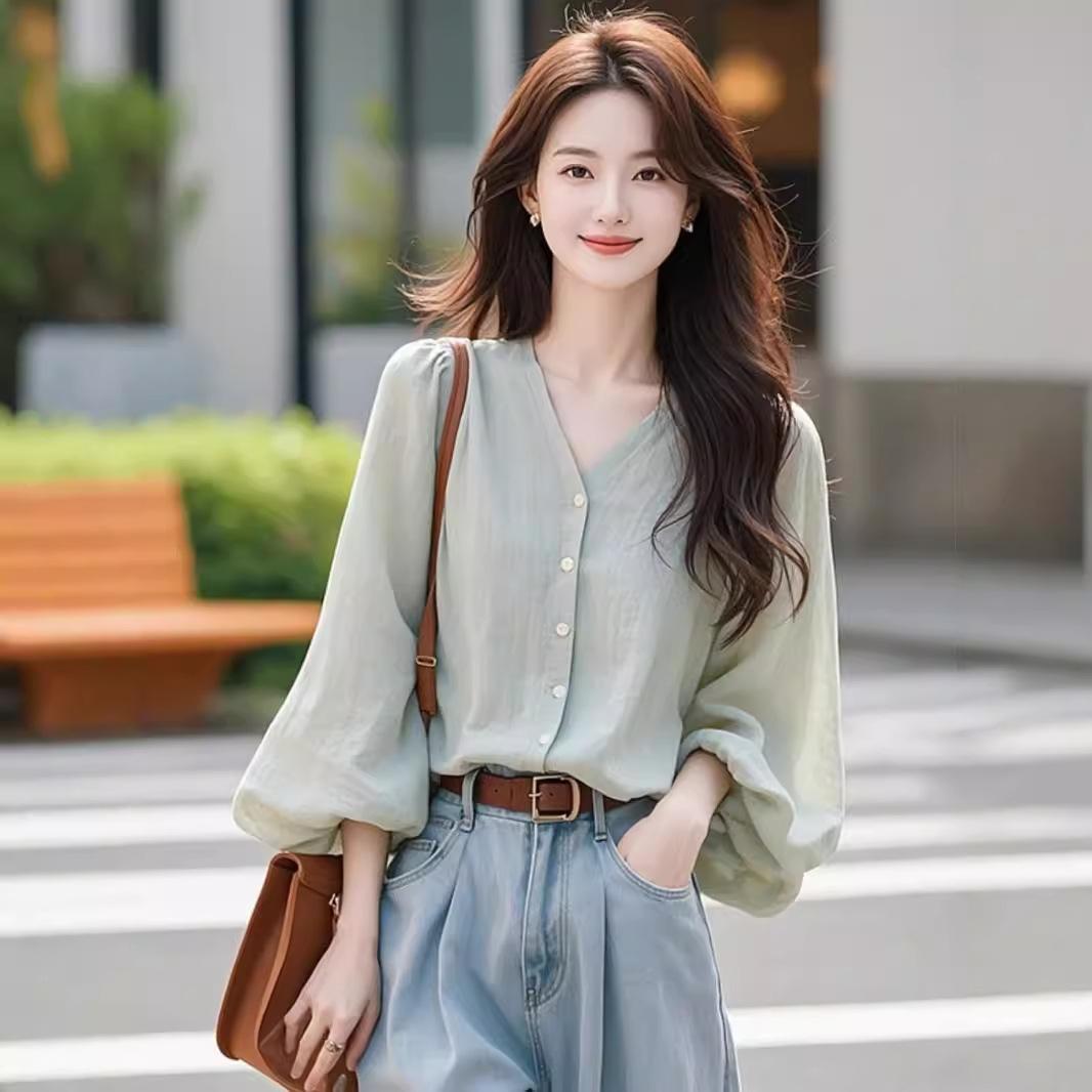 

Женская рубашка с длинным рукавом, весна-осень, блузка, повседневная мода, топы с V-образным вырезом M