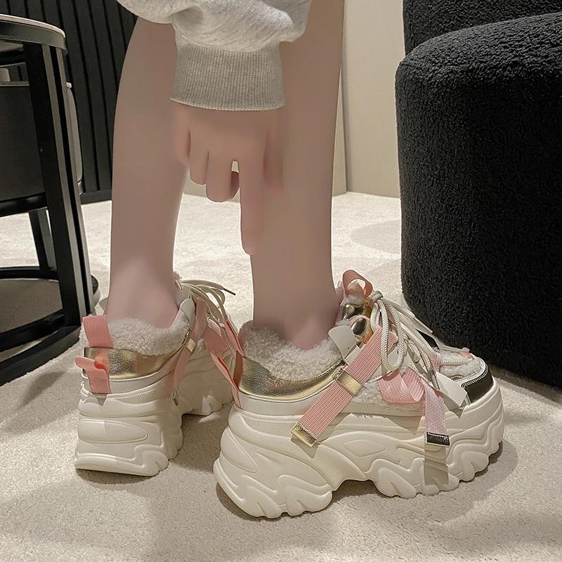 Fashion 8CM Winter Women's Chunky Fur Sneakers Warm High Platform Sports Shoes Woman Thick Sole Leather Casual Shoes Zapatillas Mujer