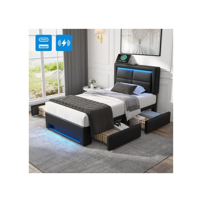 Lit rembourré - MUVOE - 90x200 cm - avec port USB - éclairage LED - 4 tiroirs noir