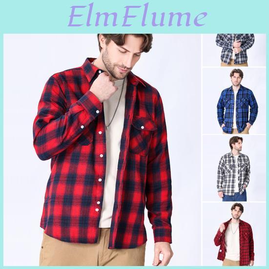 Plaid Mens Long Sleeve Shirt Lapel Top Loose Fit Casual Flannel Coat