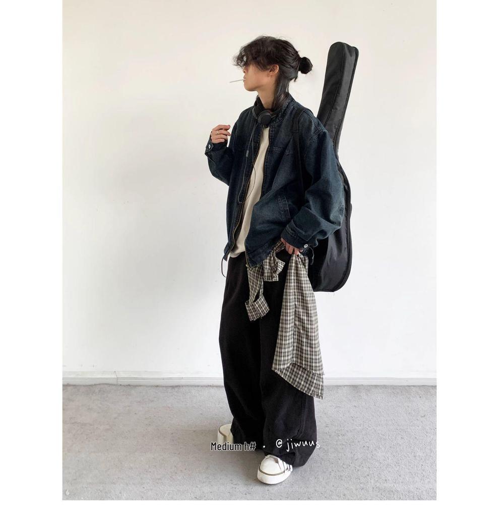 Pánská japonská retro distressed džínová bunda na jaro a podzim - Ležérní, volný střih pro páry