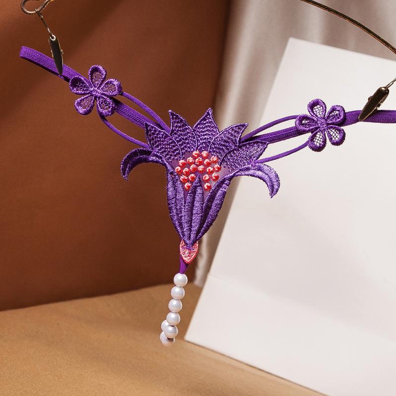 Flower Panties Sexy Beading Thong G String With Pearls Lace Underwear Women Women's G-String T-Back Open Crotch Lingerie Lady