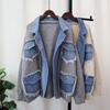 Autumn Winter Denim Pocket Spliced Women Sweater Jacket Casual Versatile Knit Female Cardigans Coat Tops