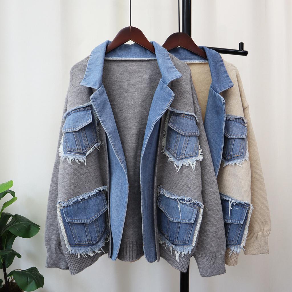 Autumn Winter Denim Pocket Spliced Women Sweater Jacket Casual Versatile Knit Female Cardigans Coat Tops
