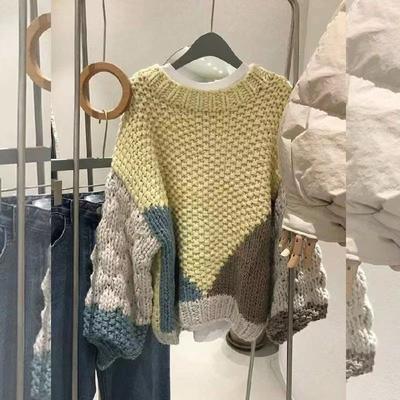 Autumn and Winter Loose Pullover Sweater Women's Retro Color Matching Enlarged Fashion Needle Women's Sweater