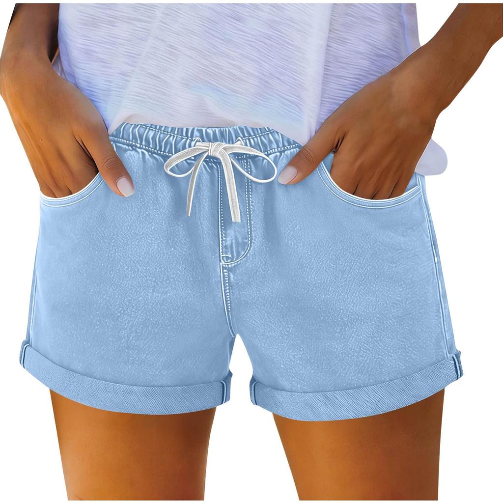 Women's Denim Shorts with Drawstring, Casual Summer Fashion, Stretch Comfort Fit for Beach and Daily Wear