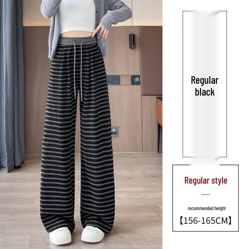 Women s Fleece-Lined Striped Wide-Leg Pants - High-Waisted, Casual Knit for Autumn/Winter. Small