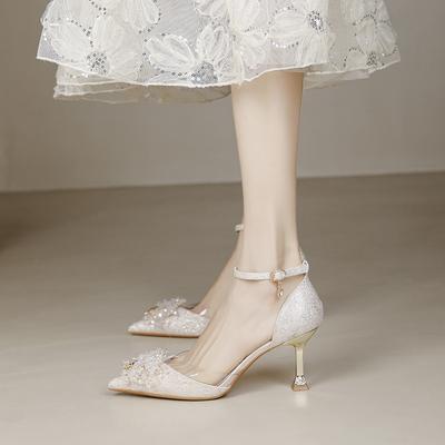 Rhinestone Flower High Heels Women's Fashion Temperament Word with Hollow Sandals Thin Heels Not Tired Feet Wedding Shoes
