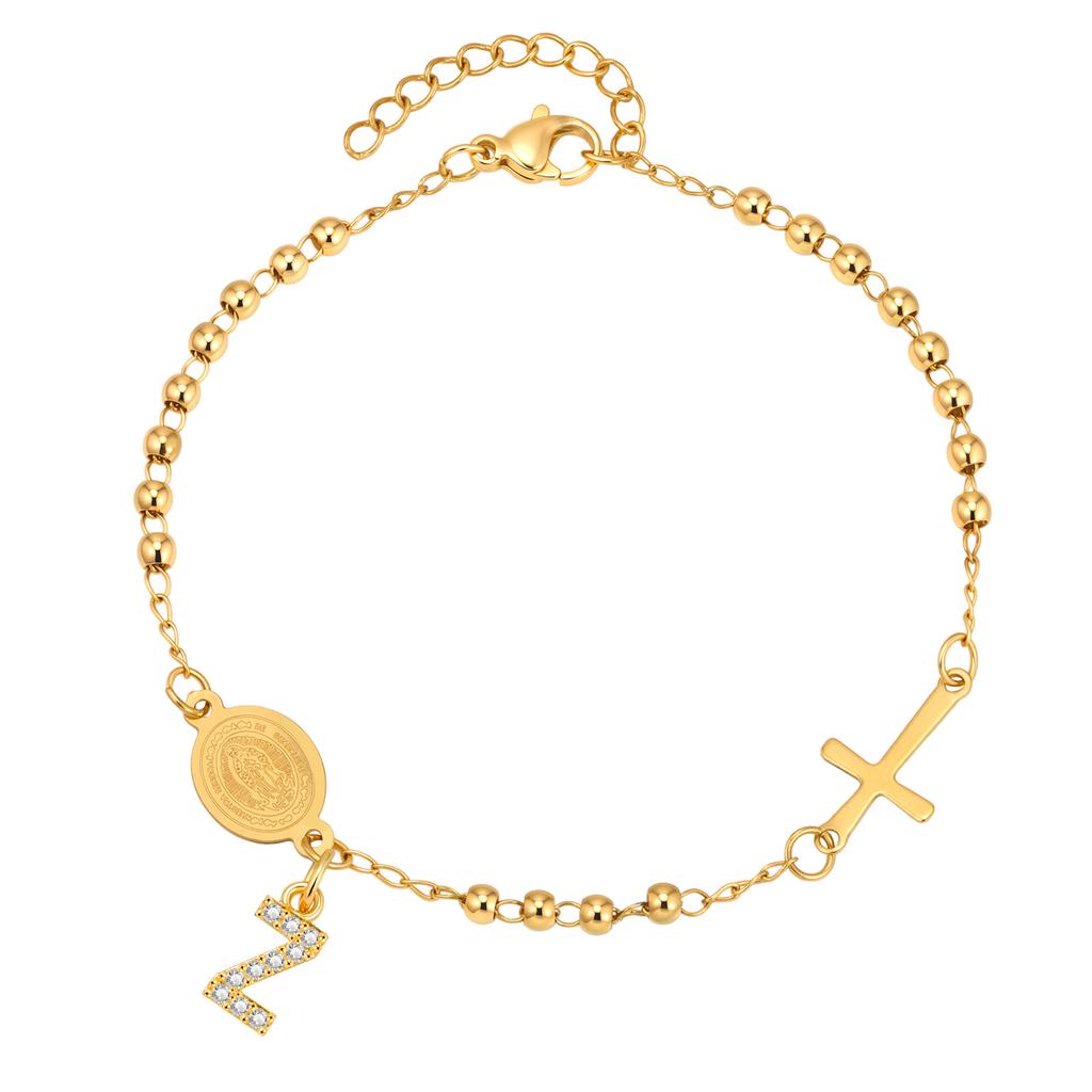 Stainless Steel Rosary Virgin Mary Beaded Bracelets with A-Z Initial Letter Pendant, Gold Plated Religion Jewelry for Women