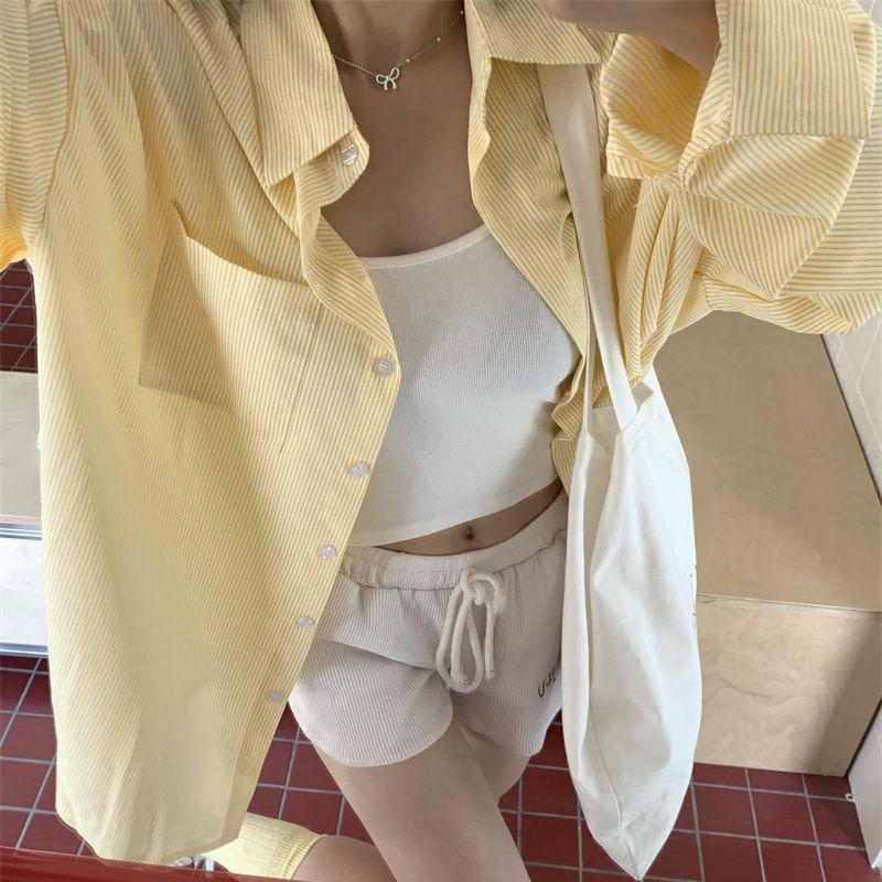 Korean Style Yellow Striped Women's Casual Shirt Coat - Autumn Design