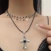 Gothic Cross Pendant Choker Necklace Heart Double Layer Necklace Rhinestone Necklace  Girls