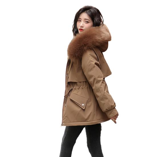 Women Padded Jacket Thickened Plush Lined Coat with Drawstring Waist Winter Warm Puffer