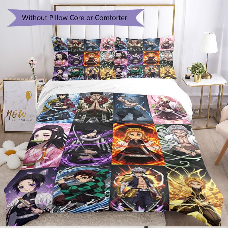 Set cuvertură de pilota 3 buc (1 * Husă de pilota + 2 * Față de pernă, Fără Miez), Set de așternut moale cu imprimeu Demon Slayer, pentru toate anotimpurile, Decor pentru dormitorul de acasă, Cadou