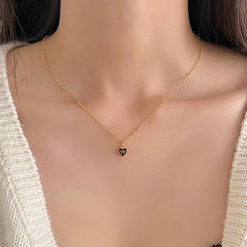 Elegant Black Enamel Heart Bow Choker Necklace for Women