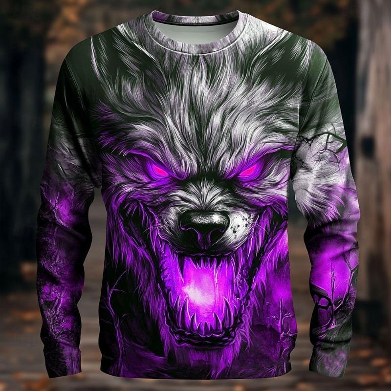 Camisetas de Manga Comprida com Estampa de Lobo Engraçada para Homens Streetwear Trendy Tops Casuais Camisetas Casuais Roupas