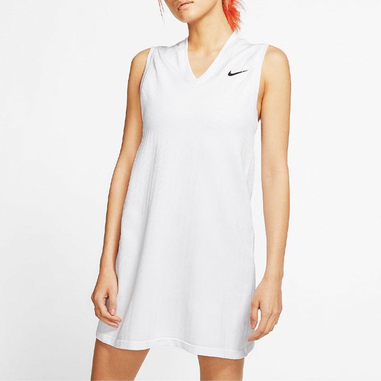 Nike Solid Color V-Neck Tennis Training Slim Fit Sleeveless Dress Women dress White AT5105-100