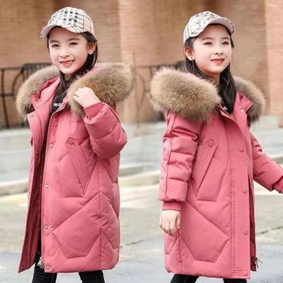 Children's Down Jacket for Girls, Mid-length, Korean Style, Large Fur Collar Coat, Thick Winter Clothing for Middle and Large Children
