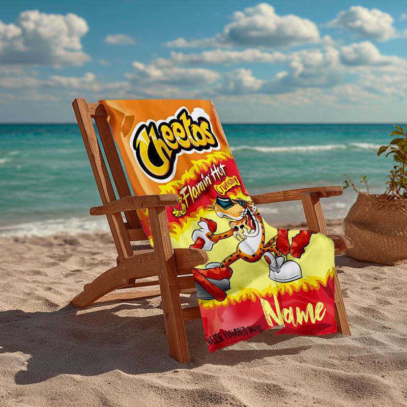 Custom Name Ultra-Soft Beach Towel with Cheetos Theme,Ideal for Pool - Camping, Diving - Perfect Travel Essential, Vibrant Beach Towel.