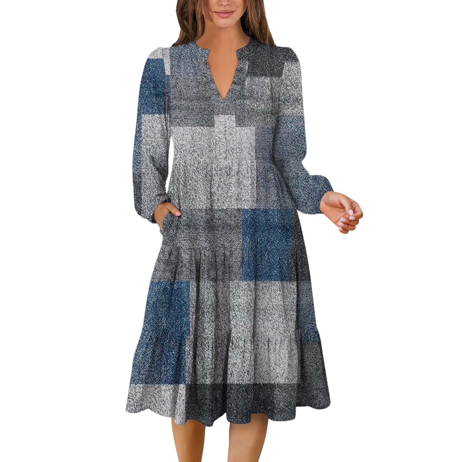 

Women s V-Neck Flowing Layered Bohemian Long Sleeve Geometric Print Dress XXL синій