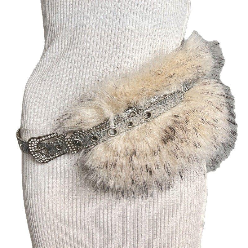 Sparkly Rhinestone Faux Fur Patchwork Waist Belt with Pin Buckle - Y2K Leather Eyelet Design