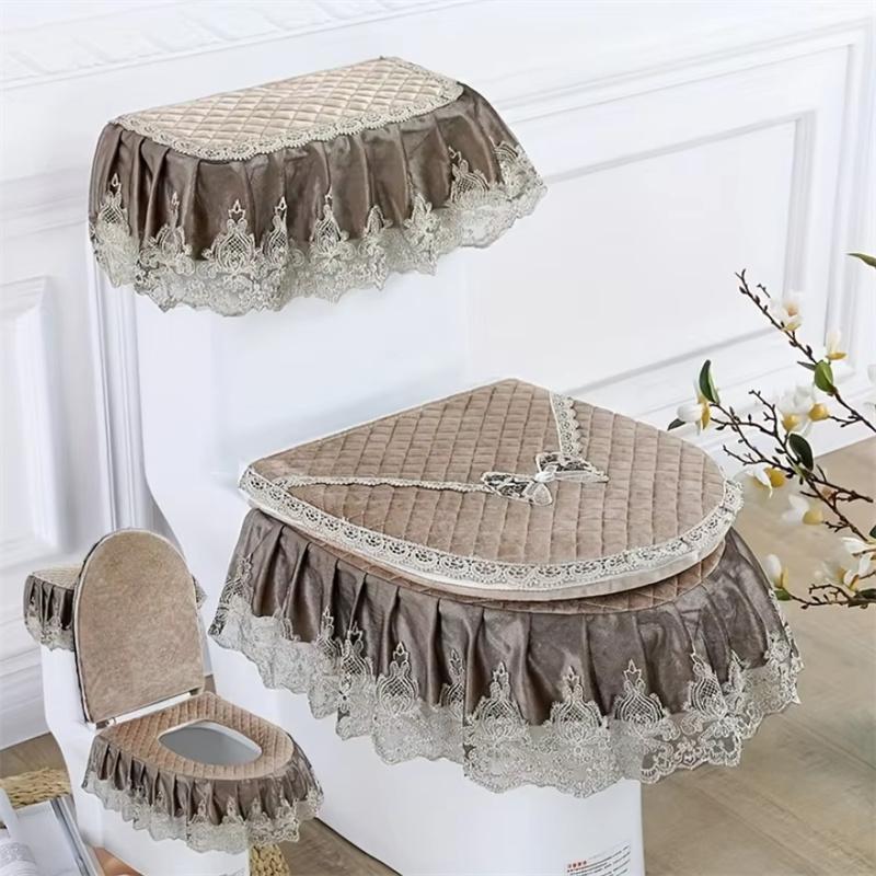 New Universal Lace Toilet Seat Mat Set Simple Style Gold Velvet Toilet Cushion Bathroom U-shaped Zipper Type Toilet Ring Cover