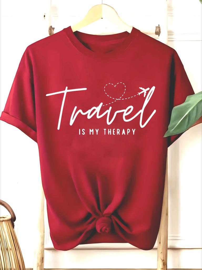 "Travel Is My Relax" Graphic T-Shirt Fit Short Sleeve Round Neck Casual Top for Summer Woman Breathable Cute Aesthetic Shirt Tee