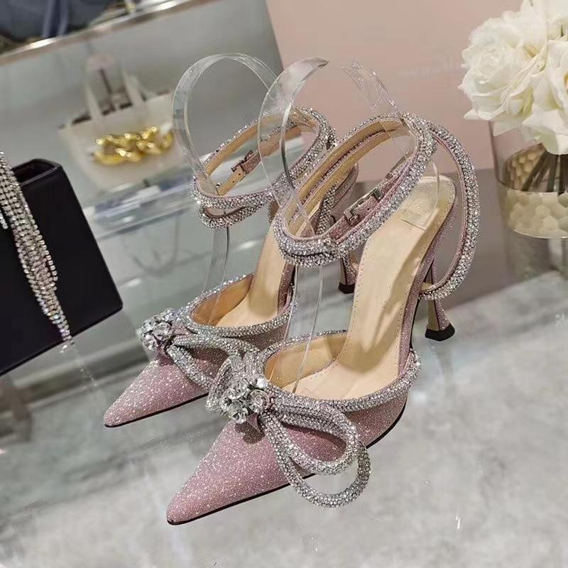 European and American high heels 2025 new bow women's shoes rhinestone pointed single shoes straps thin heel super high heel