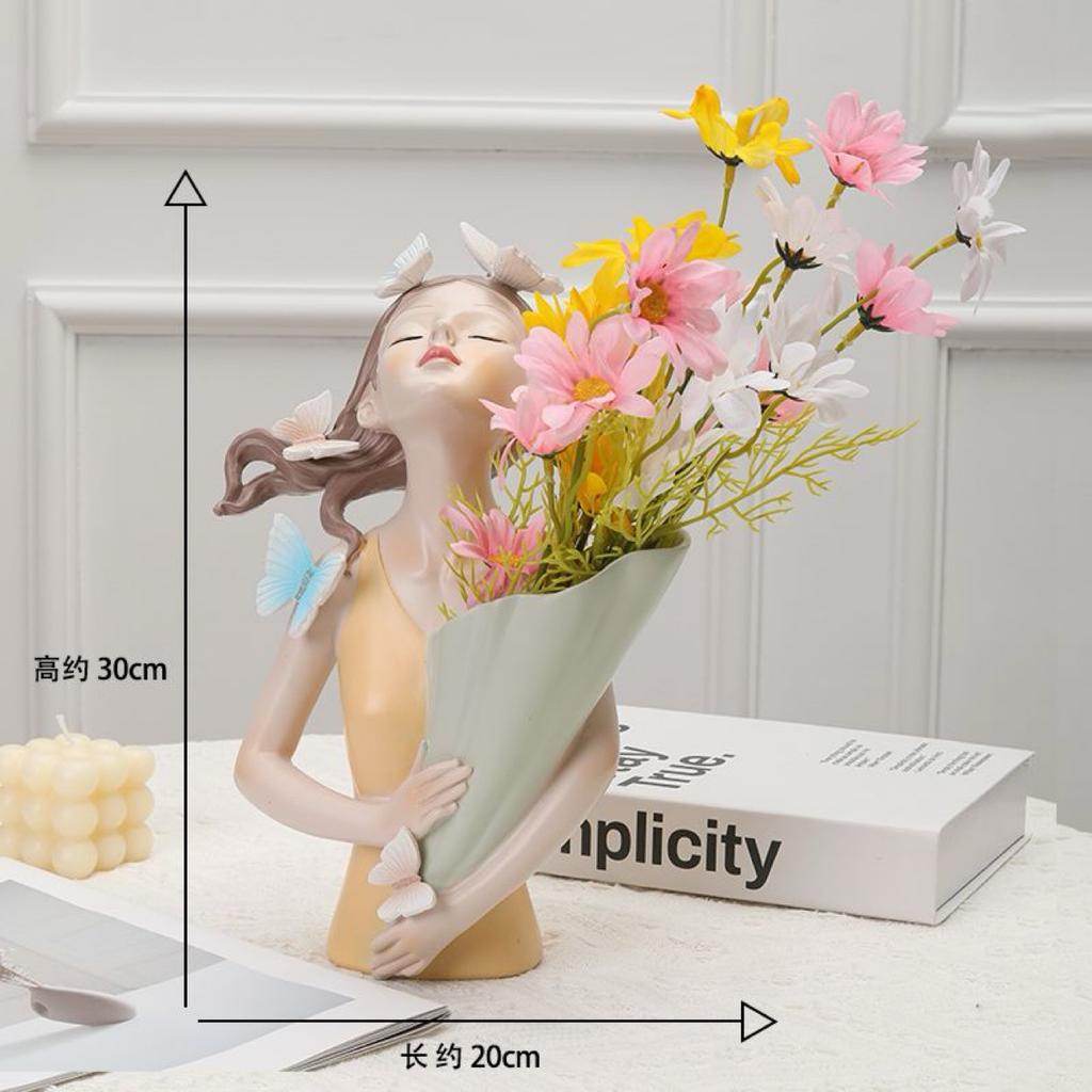 Nordic Girl Holding Vase with Artificial Flowers, Elegant Artistic Resin Home Decor Statue for Living Room, Entryway & TV Cabinet