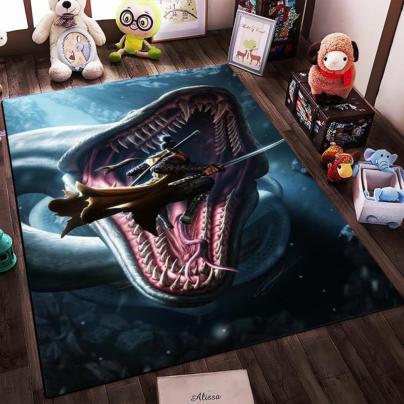 "Fantasy Warrior Battling Sea Monster Carpet with Vivid Artwork Design" Suitable for Use As an Anti-slip for Living Room Bedroom Sofas