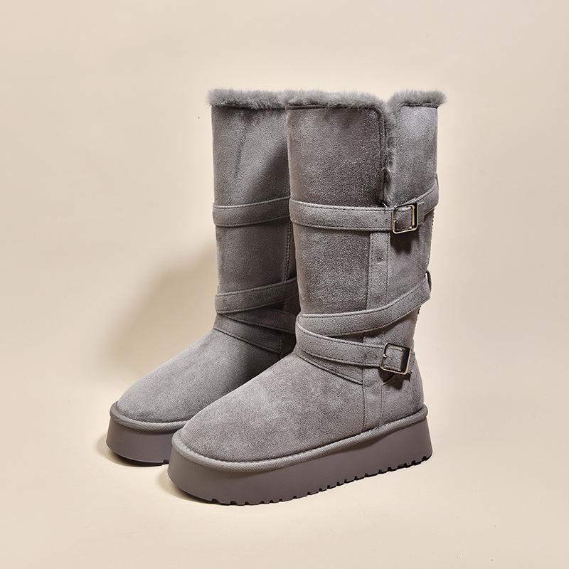 Damen Winterstiefel mit dicker Sohle, Fell, Steg für einen Fuß, leicht, warm, kälteabweisend, gepolstert, Schneestiefel, rutschfest, abriebfest, lässige Sneaker, lange Baumwollstiefel