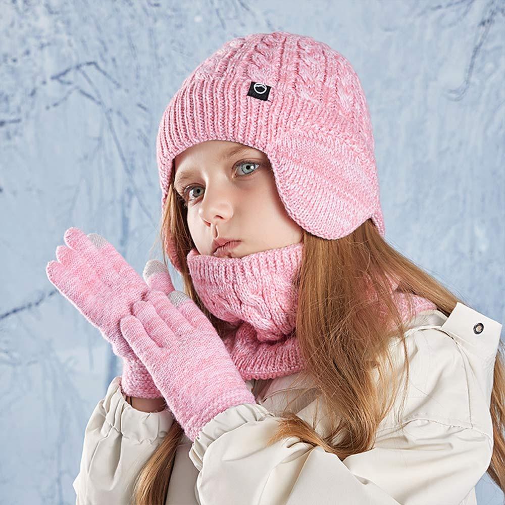 Warm Children's Hat Neck Scarf Gloves Set Fleece Lined Touchscreen Gloves for Boys and Girls