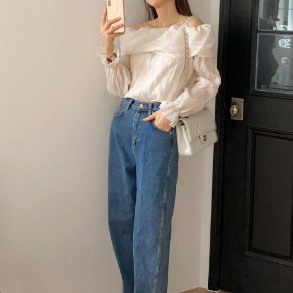 New Arrivals Open Run Off Shoulder Blouse Wave Sheer Top