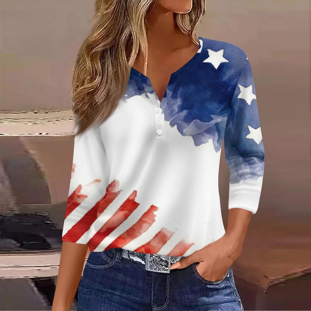 Women's Fashion Casual Independence Day American Flag Stars and Stripes Print Collar V-Neck Three-Quarter Sleeve Decorative Button-Up T-Shirt Top