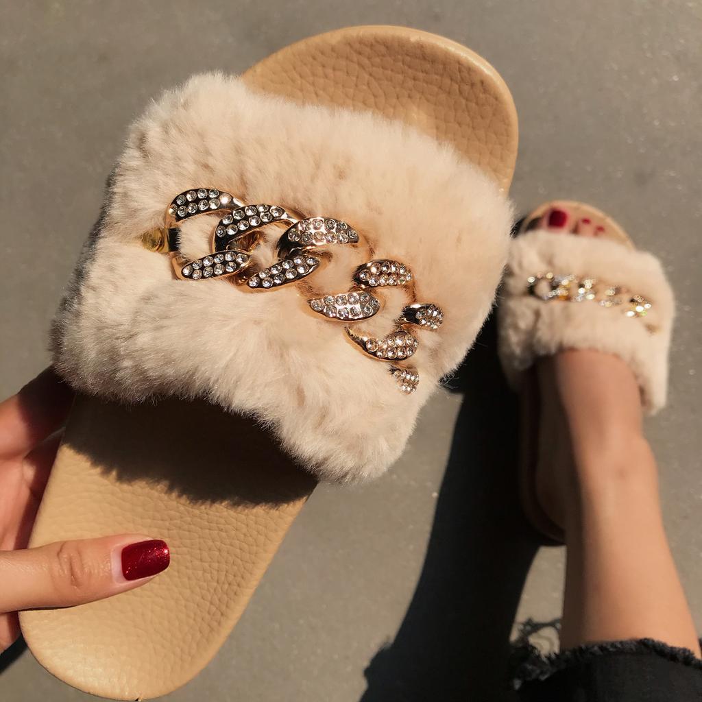 Fashion Beach Women'S Flat Chain Crystal Sandals Slippers Shoes Plush Bear Slippers For Women Foldable Slippers For Women