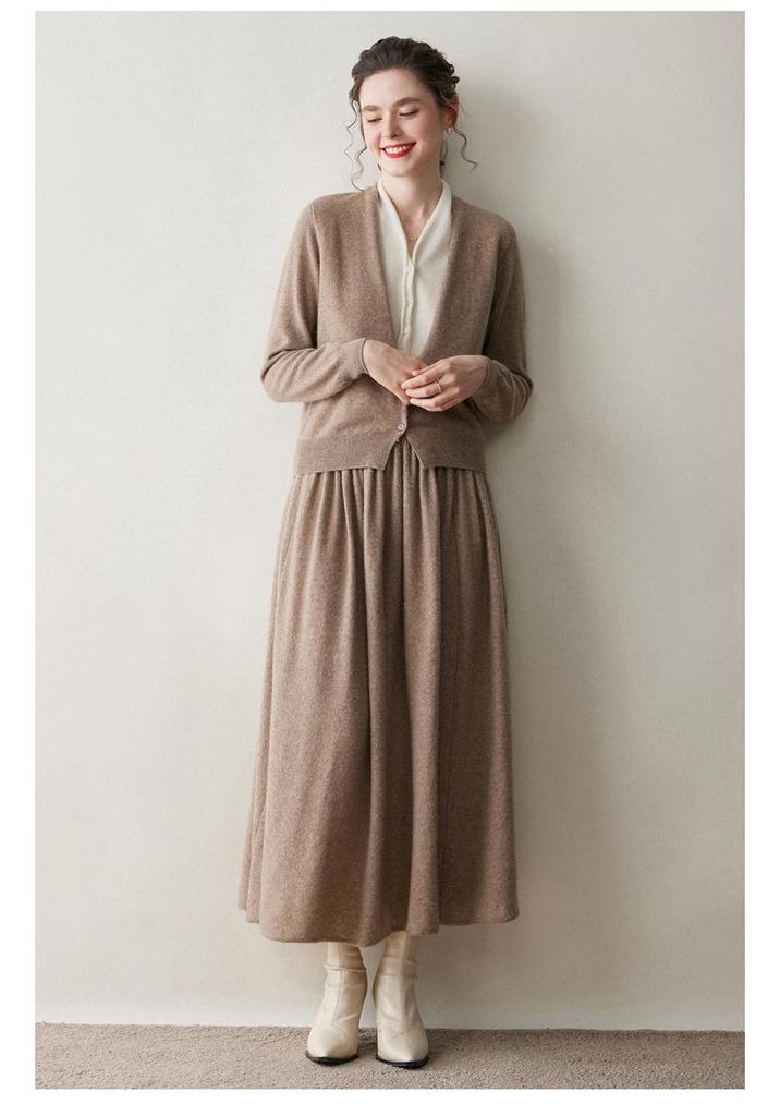 Autumn-Winter Women's V-neck Color Block Cashmere Cardigan - Elegant Two-Piece Knit Sweater