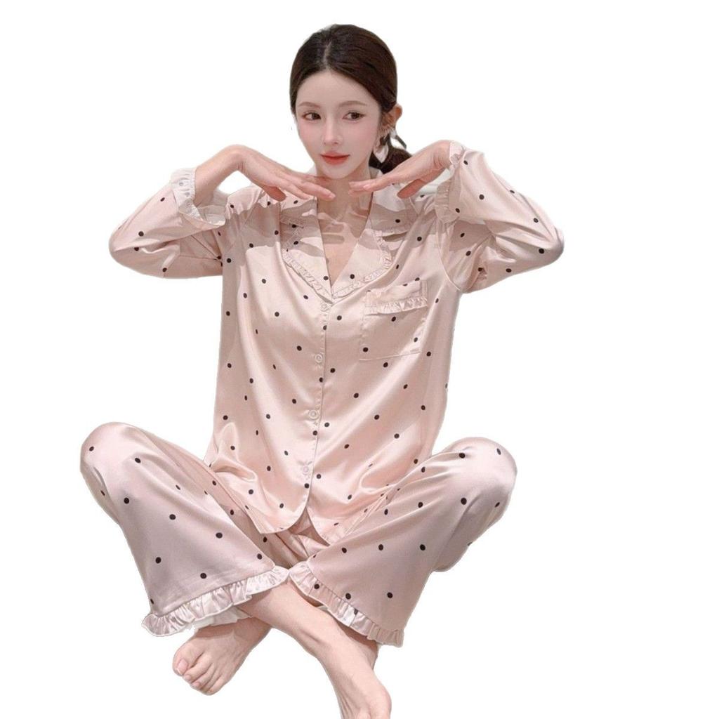 1011 spring new ice silk pajamas women's long-sleeved trousers fairy polka dot printed cardigan loungewear sweet