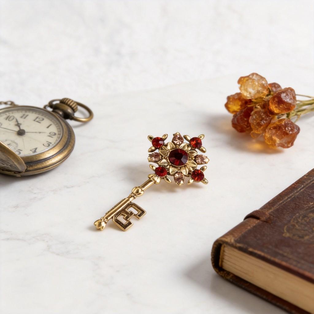Vintage Geometric Key Brooch With Electroplated Zinc Alloy For Women And Men
