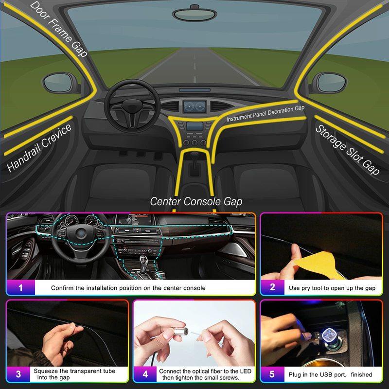 5 In 1 LED Car Interior Ambient Lights Neon Fiber Optic Lighting Kit with APP Remote Music Control RGB Auto LED Decorative Lamps