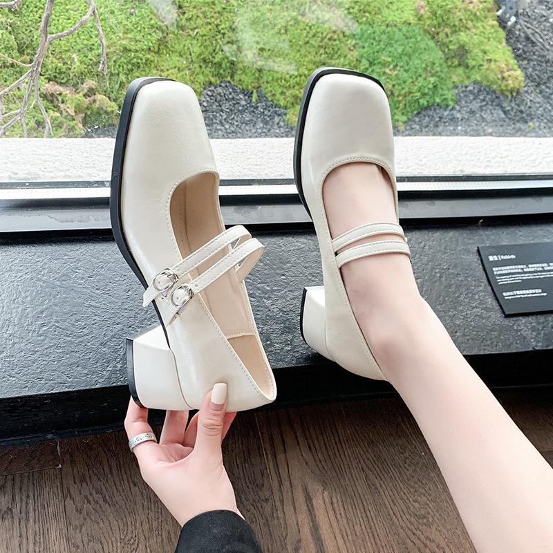 Mary Jane Shoes Women's Spring 2025 Square Head Temperament One-word Thick Heel Shallow Mouth Single Shoes