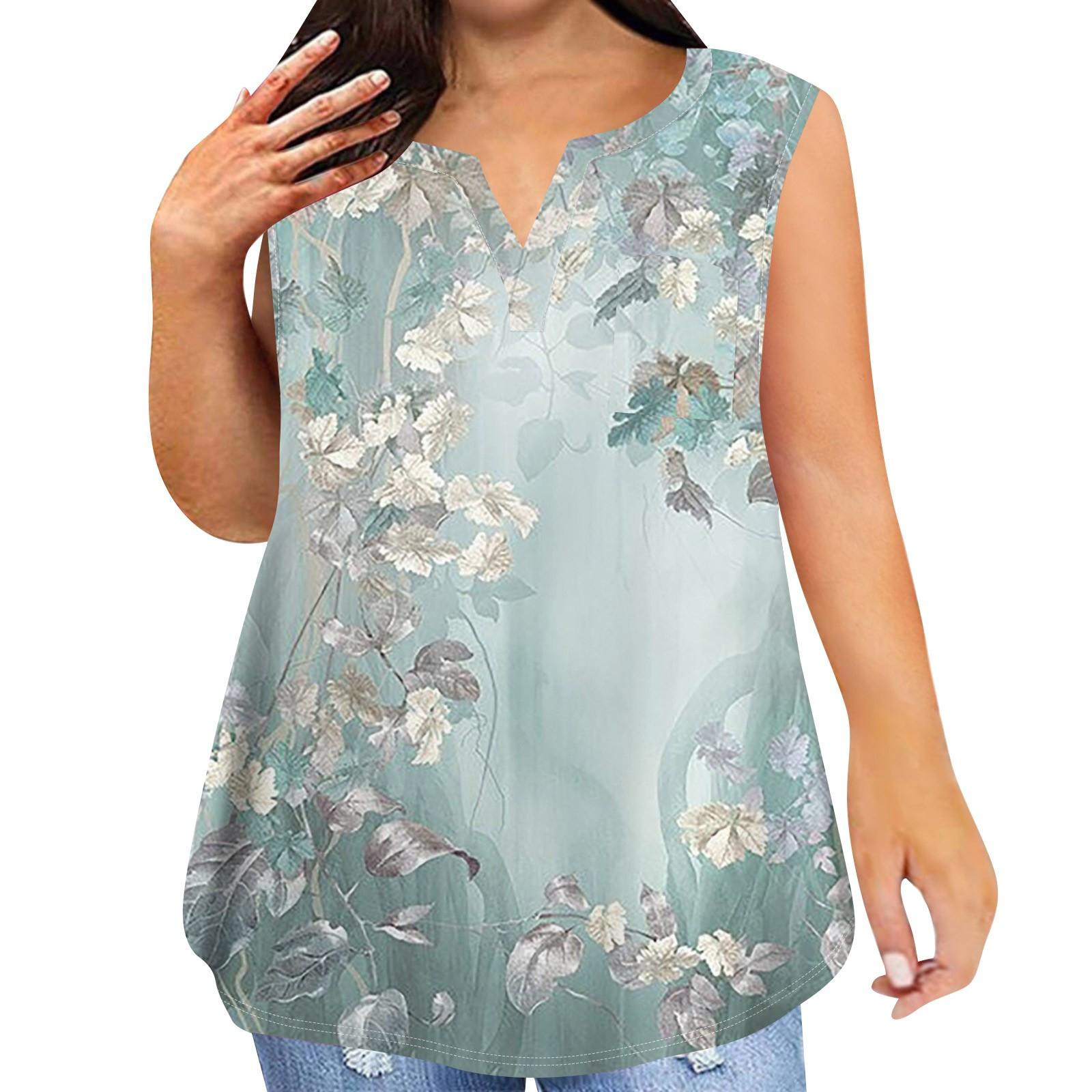 Модная женская повседневная футболка без рукавов с v-образным вырезом и винтажным принтом — фото 7