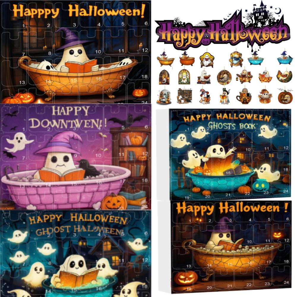 2025 Halloween Advent Calendar, 24 PCS Acrylic Ghost Reading Hanging Decorations, 2D Flat Acrylic Ghost Reading Hanging Ornament, Countdown Decor