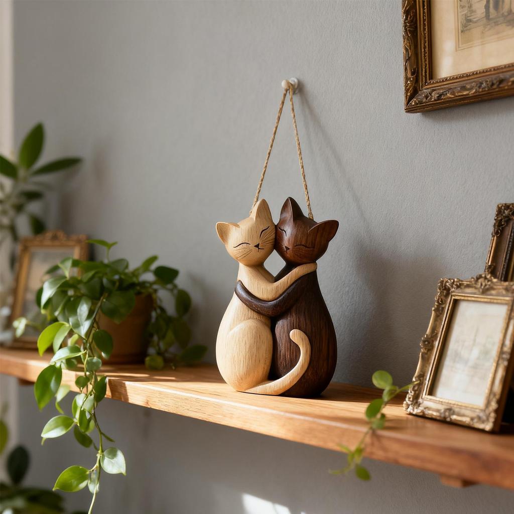 Katzenstatue Niedlich 2D Flach Holz Tierform Katzenpaar Skulptur für Hochzeit Geburtstagsfeiern Romantisches Schlafzimmer