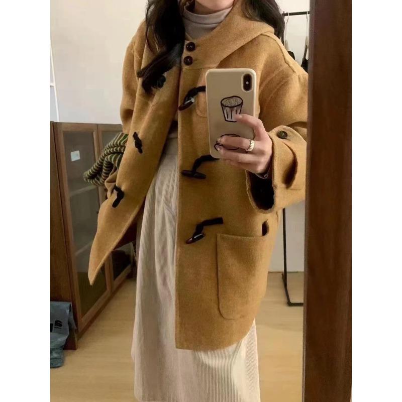 

Двустороннее шерстяное пальто для женщин на осень и зиму, новое шерстяное пальто с капюшоном в стиле колледжа для невысоких людей S