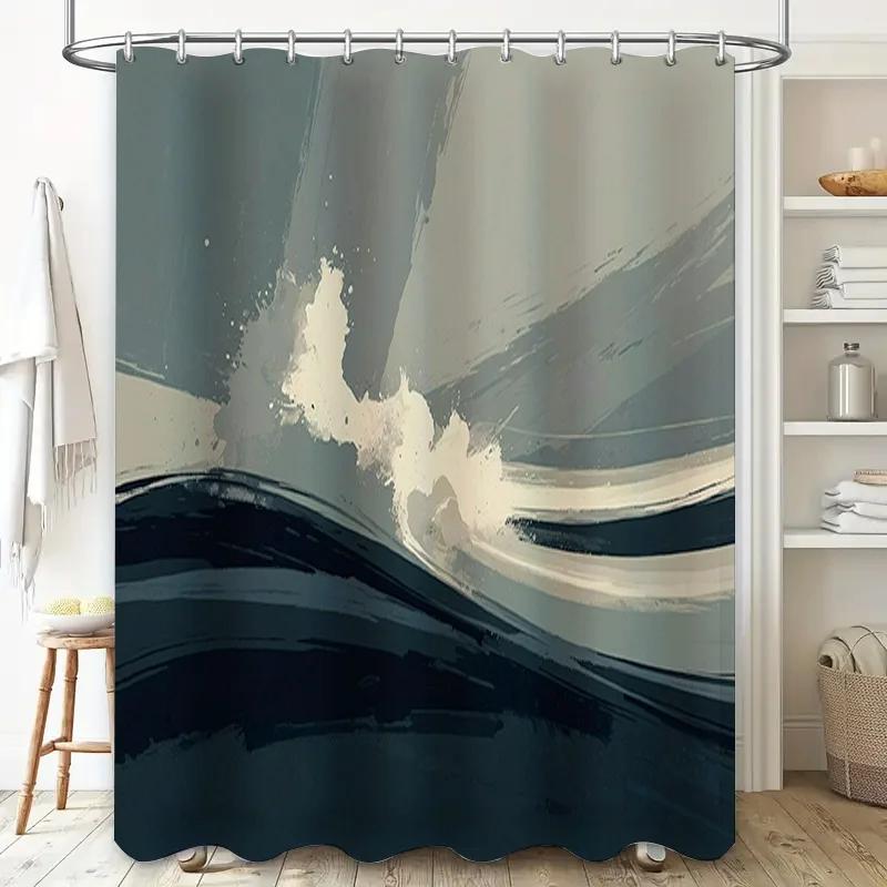 High Quality Dark Blue Waves Print Shower Curtain Bathroom Decor Waterproof Modern Home Supplies W60H190(CM)-1 Pcs