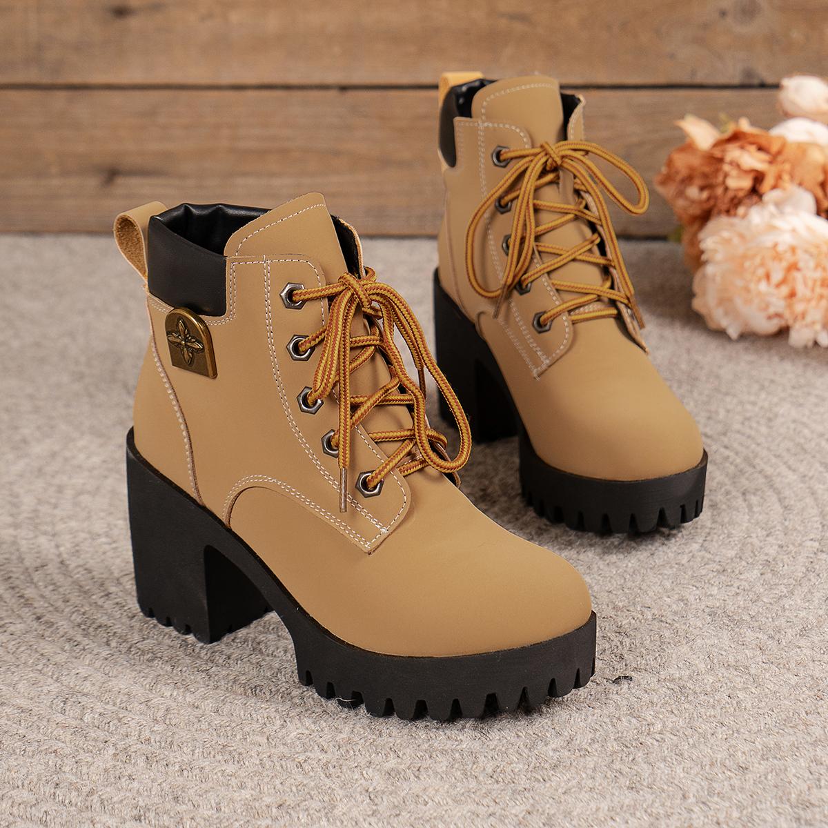 

Fashion Women Big Yellow Boots 2024 New Spring Winter Pumps High Quality Lace-up European Ladies Shoes PU High Heels Fast Delivery Work 35