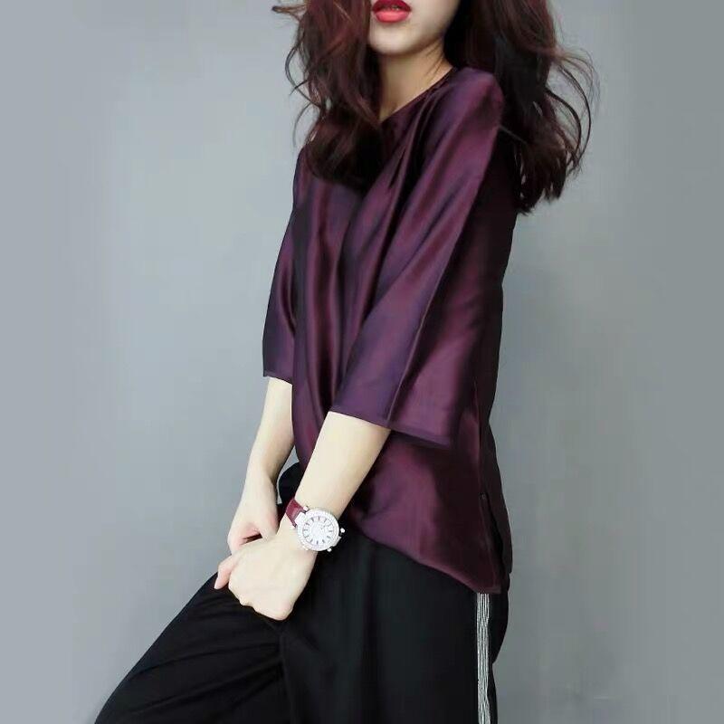 Elegant O-Neck Solid Color 3/4 Sleeve Oversized Satin Blouse Spring and Summer Casual Tops Loose Office Lady Shirt