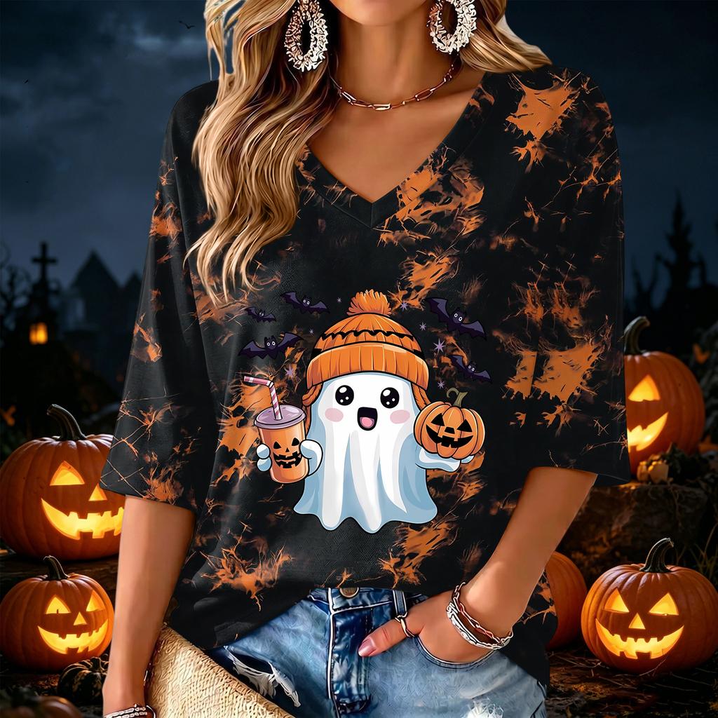 Women's V-Neck Halloween Print Lightweight Blouse for Spring and Summer Casual Wear