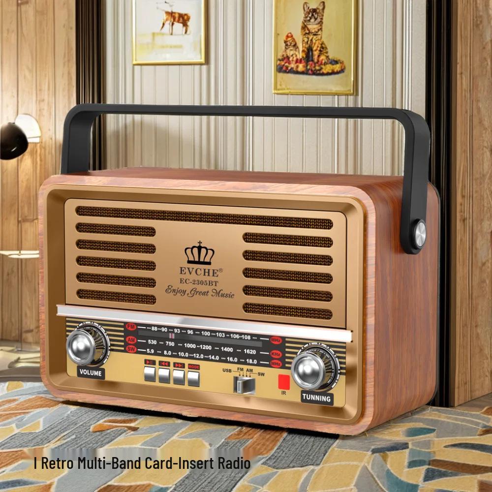 

Light Gold Bronze Bluetooth Speaker with Card Slot - Full Band Radio & Rechargeable High-End Player in Wooden Box for Seniors Gold Front Casing