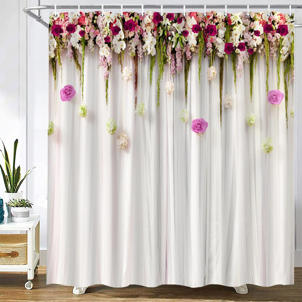 

Home Shower Curtains For Bathroom Waterproof Fabric Nordic Style Artificial Flower Wall Pattern Bathroom Curtains Shower Curtain W60H190(CM)-1 Pcs