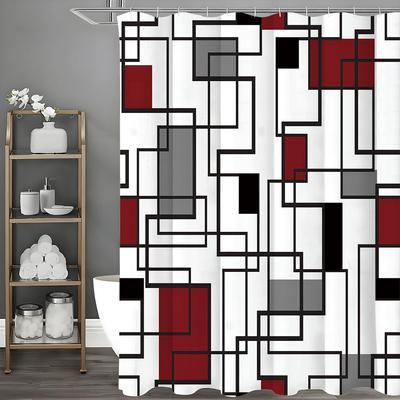 Modern Geometrisch Quadratisch Rot Grau Schwarz Duschvorhang, Badezimmer Dekorativer Duschvorhang, Wasserdichter Duschvorhang mit Haken